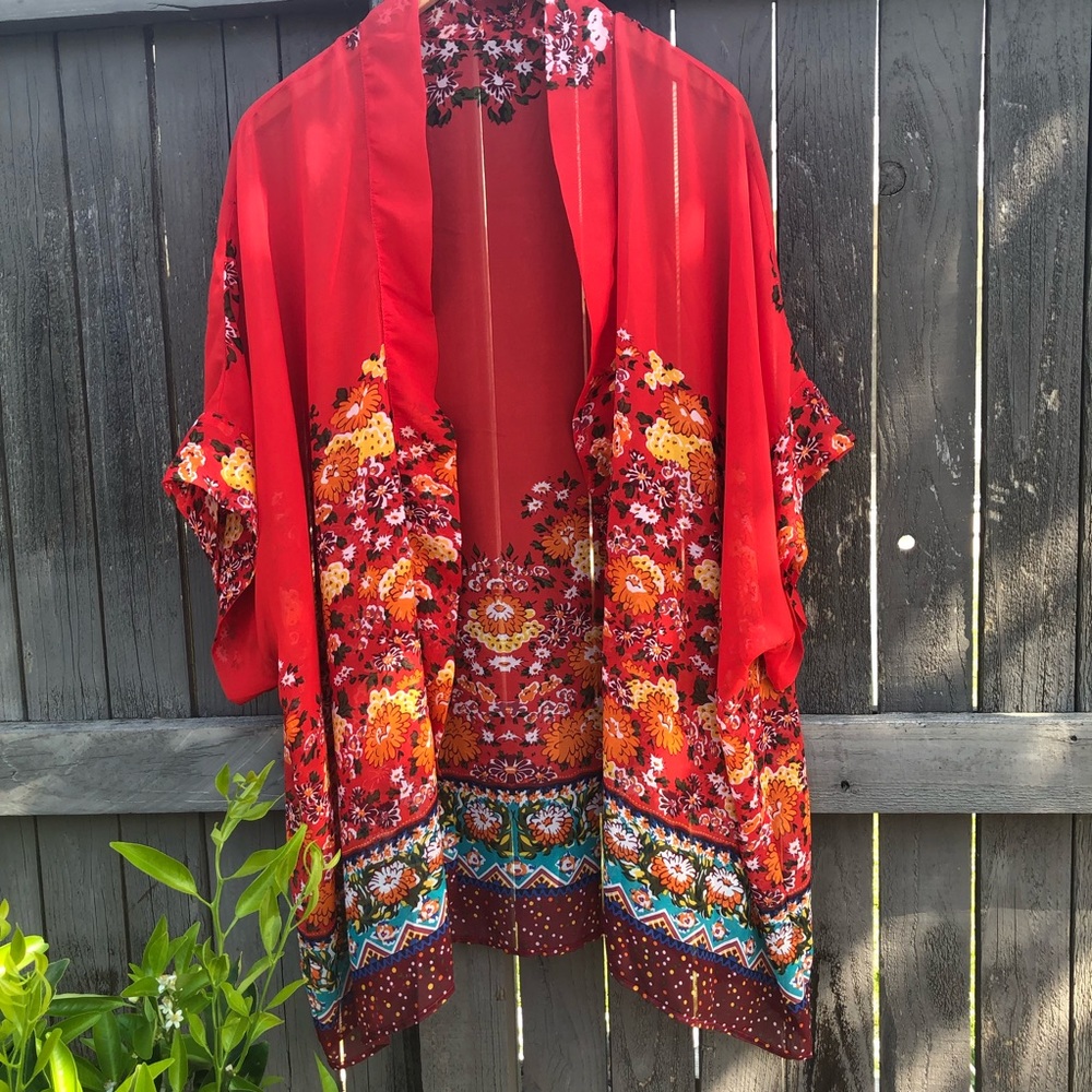 Red Floral Boho Kimono Sheer